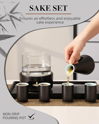ZENS Black Sake Set with 6 Cups & Warmer - 13 oz Hot Sake Tea Ceremony