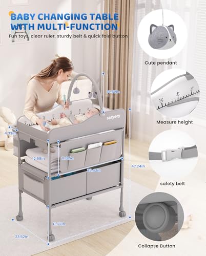 Portable Baby Changing Table with Storage, Adjustable Height Folding Station