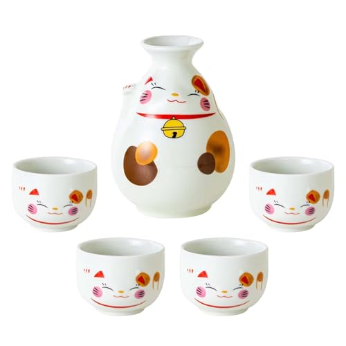 Porcelain Sake Set with 1 Bottle & 4 Cups - Lucky Cat Design, Gift Ready