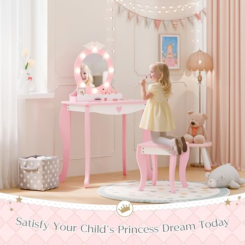 Kids Vanity Set with Lighted Mirror and Stool - Pink Princess Makeup Desk