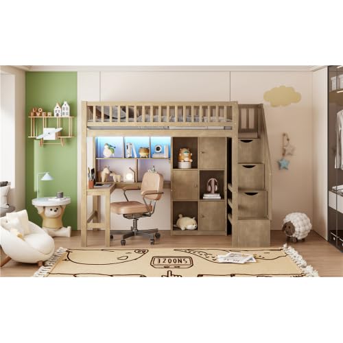 Twin Size Wooden Loft Bed with Desk, LED Lights, Staircase and Storage