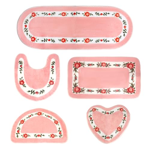 5-Piece Floral Bathroom Rug Set, Soft Absorbent Non-Slip Rose Bath Mats