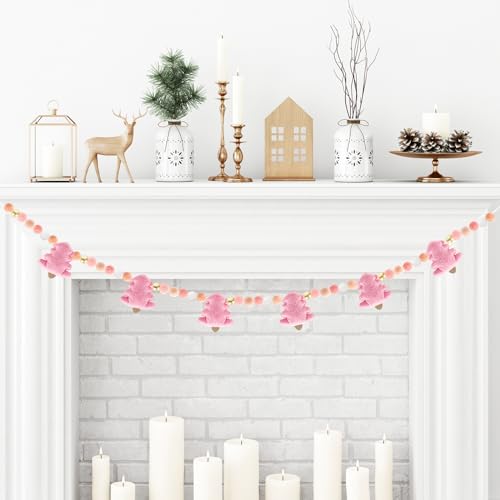 Whaline Pink Christmas Felt Garland Banner with Pom Balls – 2.5m Holiday Wall Decor