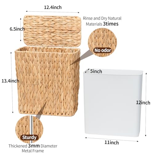 3 Gallon Natural Wicker Bathroom Trash Can with Lid & Removable Bin
