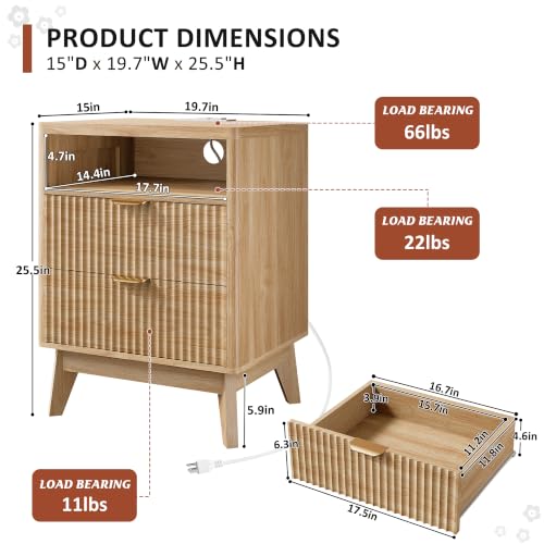 Fluted Nightstand with Charging Station, 2-Drawer Wood End Table