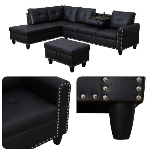 97.5" L-Shaped Modular Sectional Sofa with Storage Ottoman, Black Faux Leather