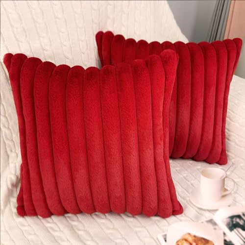 Faux Fur Velvet Throw Pillow Covers 18x18 - Set of 2 Soft Red Cushion Cases