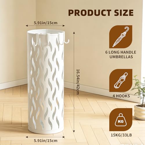 Metal Umbrella Stand for Entryway - Slim Storage Rack with 4 Hooks (White)