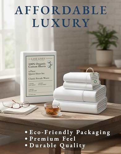 Lane Linen Queen Sheet Set 100% Organic Cotton Percale Cooling White
