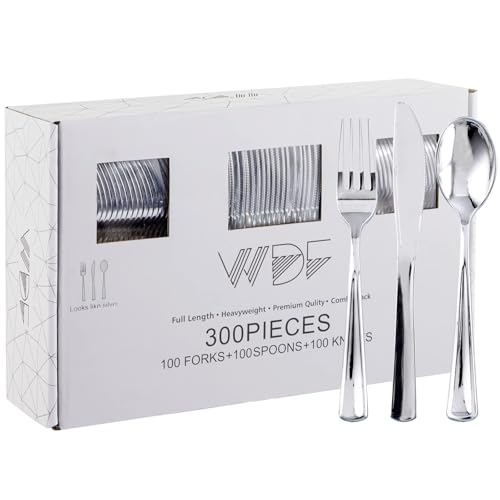 WDF Silver Plastic Silverware Set 300 Pieces - Heavy Duty Disposable Cutlery for Party & Wedding - Modern Silver