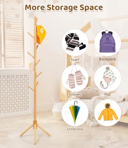 Adjustable Beech Wood Kids Coat Rack - 9-Hook Freestanding Clothing Stand
