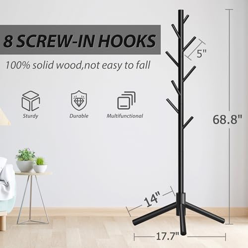 8-Hook Freestanding Wooden Coat Rack, 3 Adjustable Heights