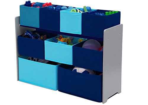 Deluxe Multi-Bin Kids Toy Organizer with 9 Fabric Bins - Grey & Blue