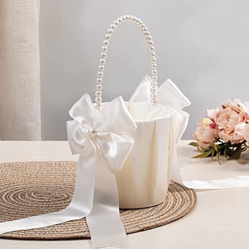 Ivory Flower Girl Baskets with Pearl Handles, Set of 2 for Wedding Ceremony