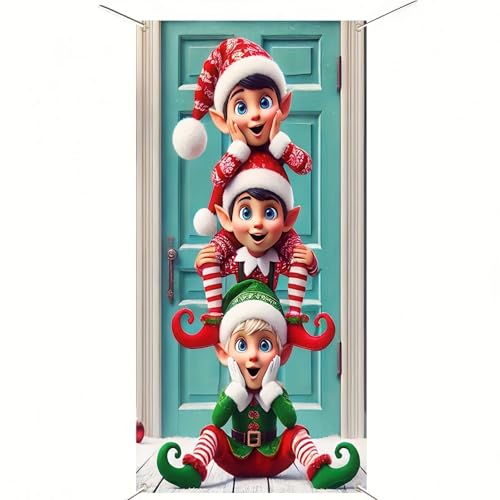 BlissYard Elf Door Cover 35x71 Inch Christmas Polyester Banner