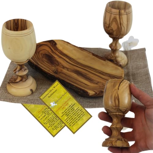 Hand-Carved Olive Wood Communion Set with Oval Bowl and 2 Goblets