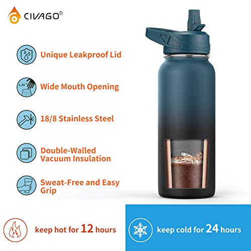 32 oz Insulated Stainless Steel Water Bottle with 3 Lids and Straw