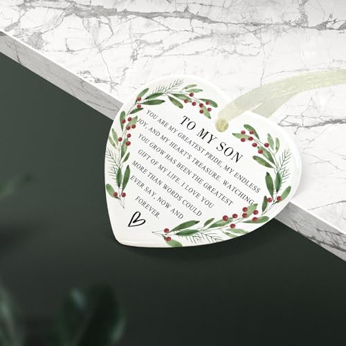 My Dear Son Christmas Ornament 2026 – 3.9" Ceramic Keepsake with Double-Sided Design (Heart-Son) PDE-QUNLIAN