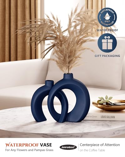 Matte Navy Blue Ceramic Donut Vases, Set of 2 - Modern Coastal Decor
