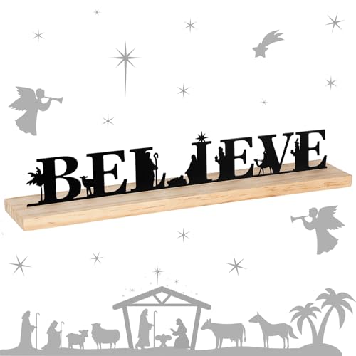 Modern Metal Nativity Scene Set with Wood Base for Christmas Table Decor