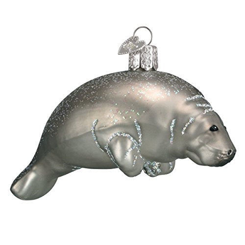 Handcrafted Glass Manatee Christmas Ornament, Silver Holiday Decoration