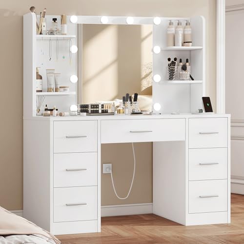 White Vanity Desk with LED Mirror, Charging Station and 7 Drawers