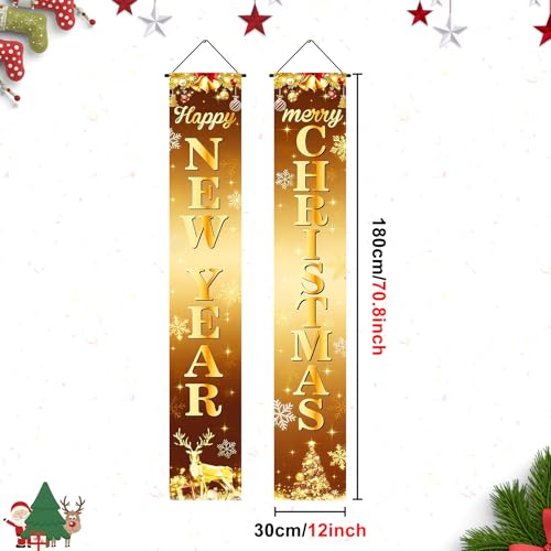 Merry Christmas & Happy New Year Porch Banner Set 12x71 Inch Gold Snowflakes Reindeer Holiday Home Decor