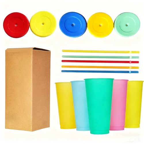 24oz Color Changing Reusable Tumblers with Lids and Straws - 5 Pack