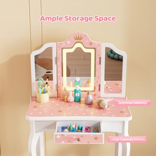 Kids Vanity Set with Mirror and Chair - Pink Makeup Dressing Table