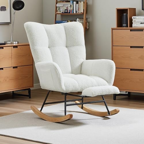 HEAHOLD Teddy Fabric Rocking Chair - 35.4 Inch Plush Glider for Nursery & Living Room, White