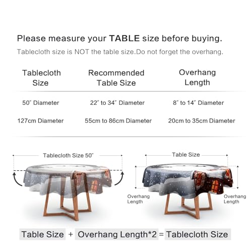 VVA 50 Inch Round Christmas Tablecloth with Santa Sleigh Snow Scene - Vintage Grey