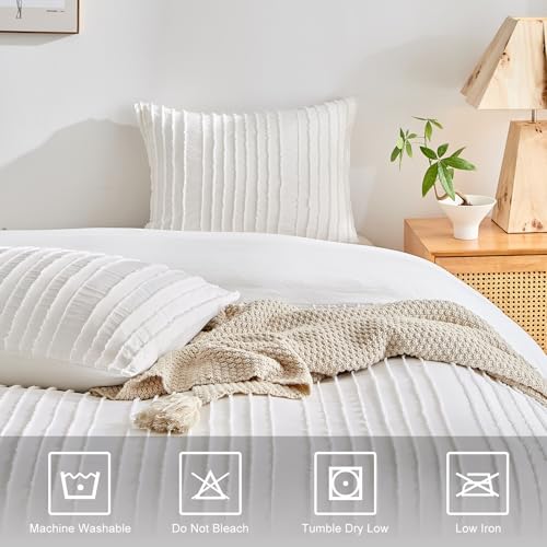 White Boho Tufted Duvet Cover Set King - 3-Piece Soft Microfiber Bedding