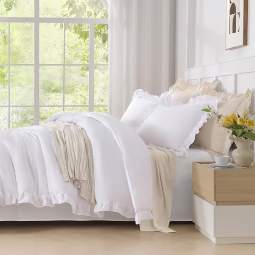 3-Piece White Ruffle Comforter Set, Soft All-Season Farmhouse Bedding