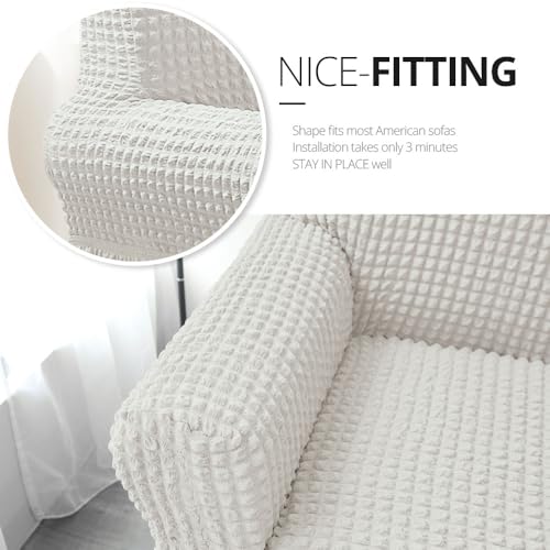 Ivory Stretch Sofa Cover with Skirt | Durable Slipcover for 3-Seater