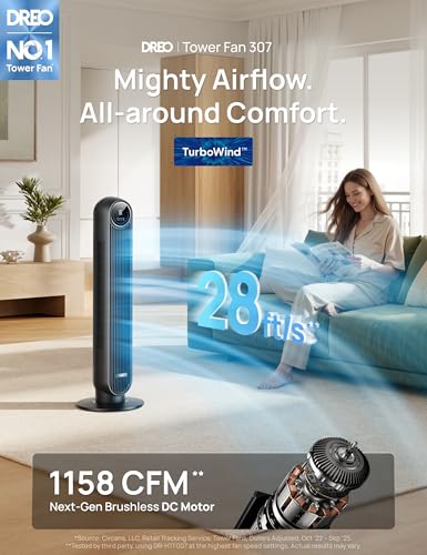 DREO Tower Fan for Bedroom, 20dB Ultra Quiet, 8 Speeds, 90° Oscillating DC Motor with Remote, Black