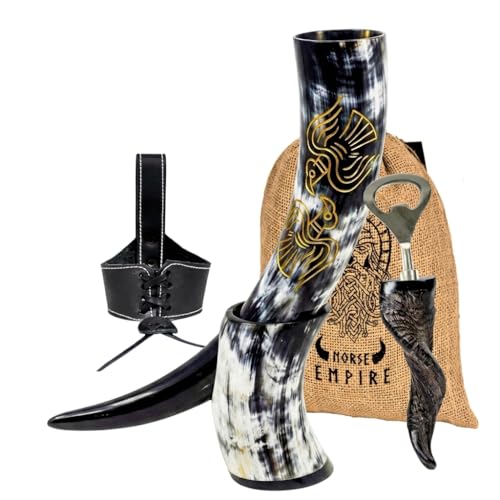 Handcrafted Viking Drinking Horn with Leather Holster and Stand - 12-14oz