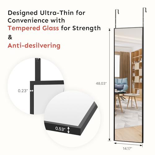 Full Length Over the Door Mirror, 48x14 Tempered Glass Hanging Mirror