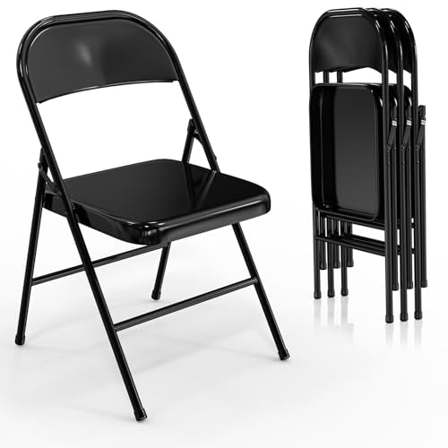 Heavy Duty Folding Chairs - All Steel Metal Frame, 350 lb Capacity, Set of 4