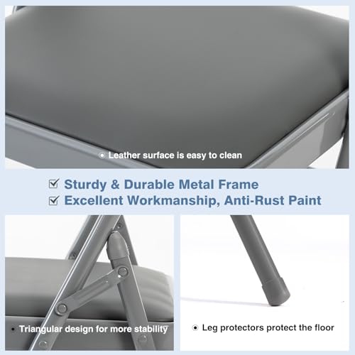 Padded Folding Chairs 2-Pack, Heavy Duty PU Leather Dining Chairs, Grey