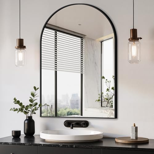 24x36 Arched Wall Mirror, Black Brushed Metal Frame Vanity Mirror