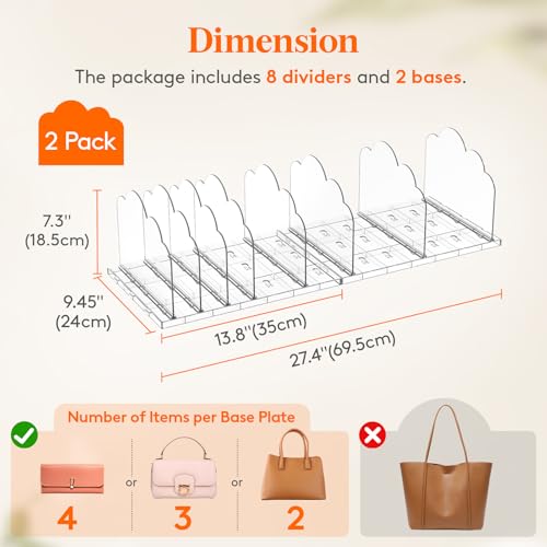 Clear Acrylic Purse Organizer for Closet Handbag Shelf Dividers 2 Pack