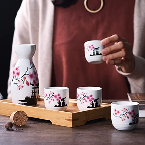 Old Craftsmen's Japanese Sake Set 5 Pcs 200ml Bottle & 50ml Cups Traditional Ceramic Sakura Design