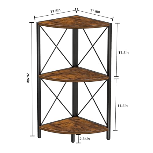 3-Tier Rustic Corner Shelf, Industrial Freestanding Storage Organizer