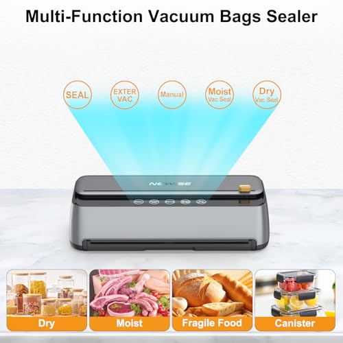 Newise 85KPa Vacuum Sealer for Food - Silver, 5 Modes, Built-in Cutter