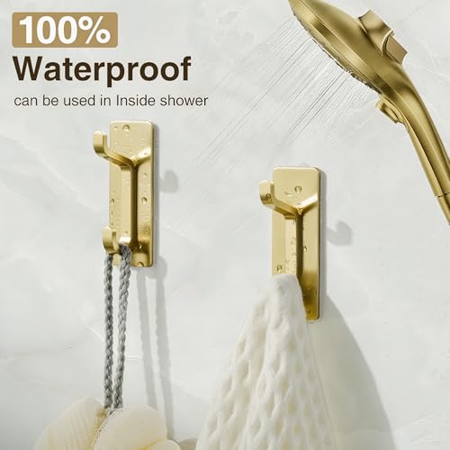 Brushed Gold Self-Adhesive Wall Hooks - Heavy Duty 12lb Towel & Coat Hooks