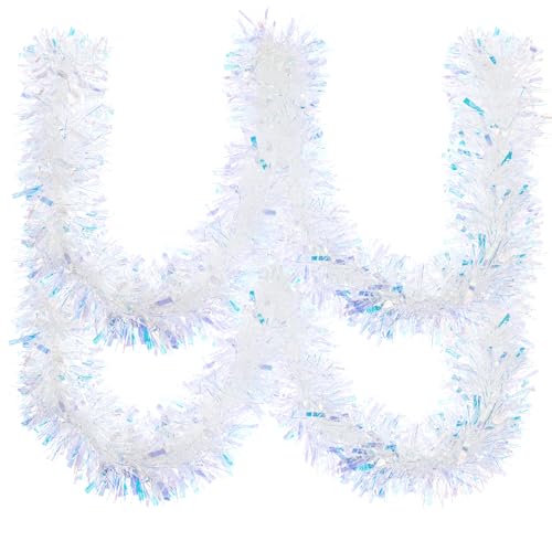 20ft Iridescent Christmas Tinsel Garland - Thick Metallic Foil Decor