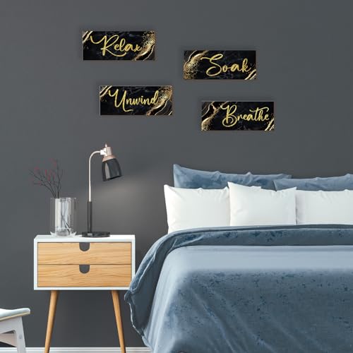 4-Piece Rustic Wooden Bathroom Wall Art Set - Relax Soak Unwind Breathe