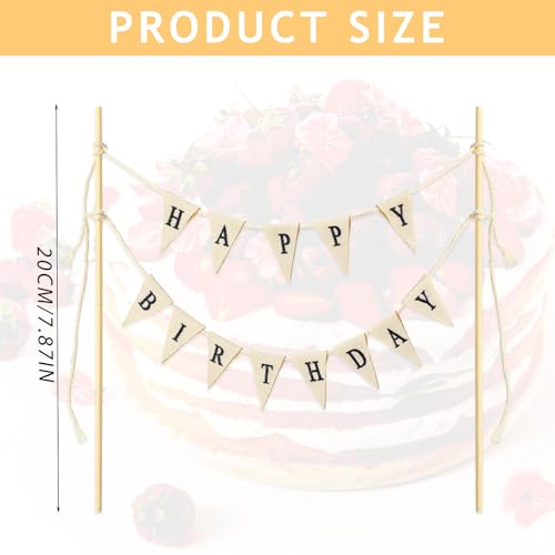 Happy Birthday Cake Topper Bunting Banner with Wooden Poles, Beige