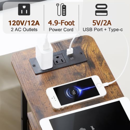 Narrow End Table with Charging Station & Fabric Drawers - Rustic Brown