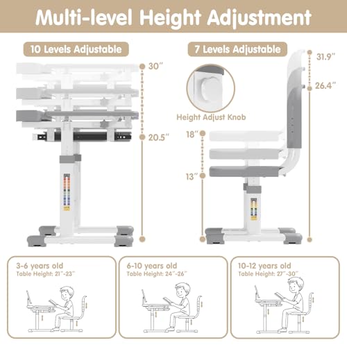 Height Adjustable Kids Desk and Chair Set with LED Lamp and Silicone Mat